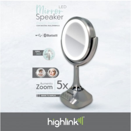 Espejo Led con Bocina Highlink Mirror Speaker, iluminación led circular, espejo normal y aumento x5