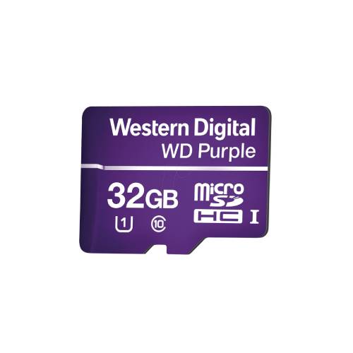 Memoria microSD de 32GB Purple especializada para videovigilancia, modelo WD32MSD, con durabilidad 10 veces mayor, velocidad Clase 10, y 3 años de garantía.