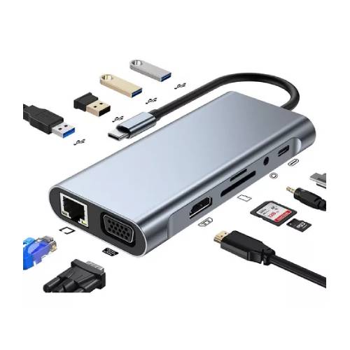 ADAPTADOR TIPO C 11 EN 1 4K HDMI USB3.0 USB2.0 PD SD/TF RJ45