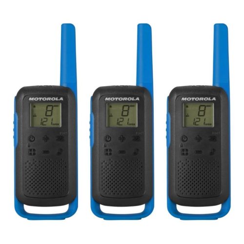 KIT 3 RADIOS MOTOROLA T270TP, RADIOS BIDIRECCIONALES, RECARGABLES, 22 CANALES, 25 MILLAS, NEGRO CON AZUL, PAQUETE DE 3