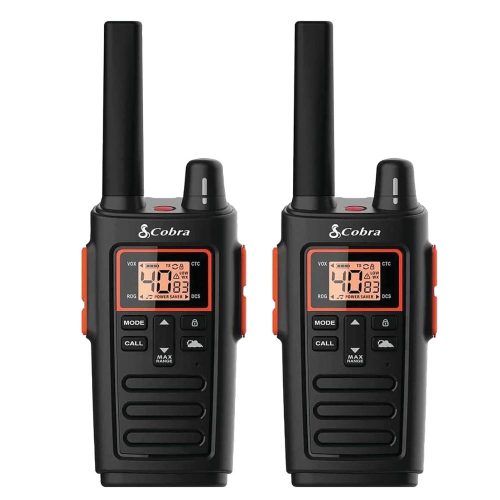 JUEGO DE RADIOS COBRA RX380 WALKIE TALKIES - RECARGABLE, 40 CANALES PREESTABLECIDOS, BIDIRECCIONAL DE LARGO ALCANCE DE 32 MILLAS (PAQUETE DE 2), NEGRO