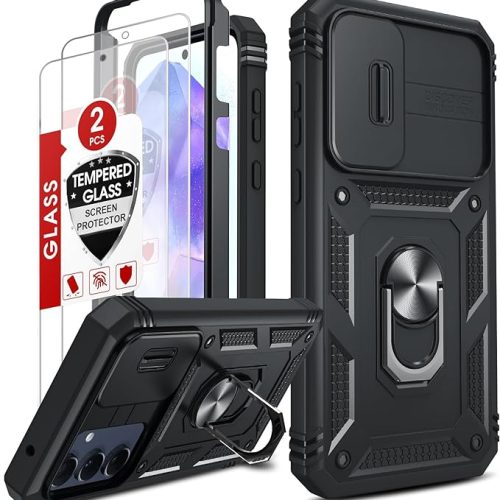 FUNDA PARA SAMSUNG GALAXY A55 5G CON CRISTAL VIDRIO TEMPLADO (2 UNIDADES), CARCASA USO RUDO, CÁMARA DESLIZANTE, ANILLO SOPORTE, SILICONA TPU, CASE ARMOR BUMPER, NEGRO