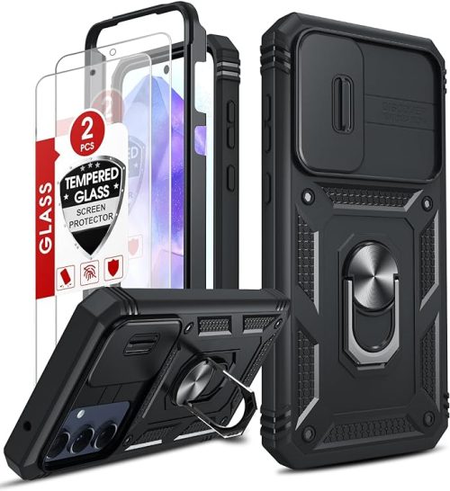 FUNDA LEYI PARA SAMSUNG GALAXY A55 5G CON CRISTAL VIDRIO TEMPLADO (2 UNIDADES), CARCASA USO RUDO, CÁMARA DESLIZANTE, ANILLO SOPORTE, SILICONA TPU, CASE ARMOR BUMPER, NEGRO