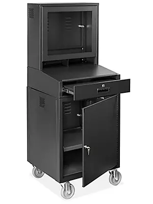 GABINETE PORTÁTIL PARA COMPUTADORA H-7545 DE ACERO VENTILADO, CON VENTANA DE ACRÍLICO RESISTENTE Y CERRADURA PARA SEGURIDAD, IDEAL PARA MONITORES DE HASTA 23" Y CAPACIDAD DE CARGA DE 400 LBS, CON RUEDAS GIRATORIAS Y REPISA DESLIZABLE AJUSTABLE - 23 X 25 X 64