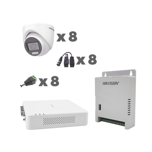 KIT TURBOHD HIKVISION KH1080P8EWFH 1080P DVR 8CH AUDIO COAXITRON + 8 CÁMARAS MICRÓFONO INTEGRADO, LUZ BLANCA + IR, FUENTE Y ACCESORIOS