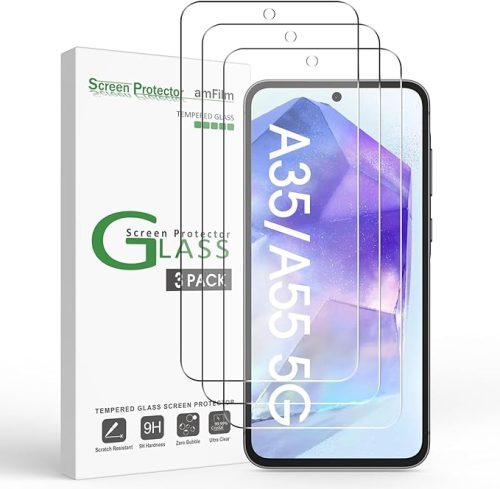 PROTECTOR DE PANTALLA AMFILM PARA SAMSUNG GALAXY A55/A35 5G, MICA DE VIDRIO TEMPLADO 9H ANTI-RASGUÑOS, SIN BURBUJAS, 3 PIEZAS