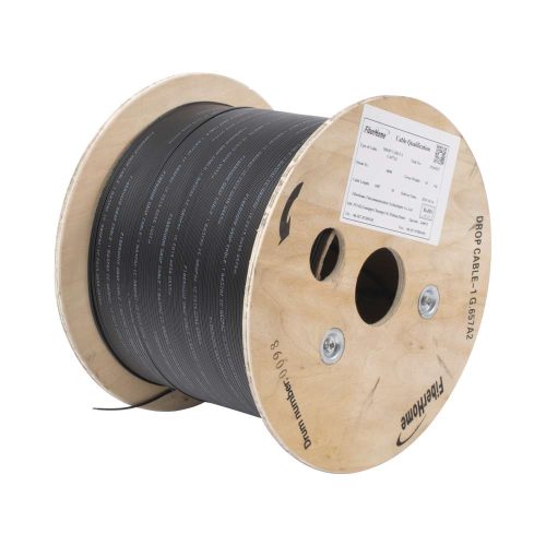CARRETE DE 1 KM DE FIBRA ÓPTICA DROP LINKEDPRO BY FIBERHOME, INTERIO EXTERIOR G.657A2 MONOMODO DE 1 HILO (UNIFIBRA), DIELÉCTRICA, FORRO NEGRO, IC-DROPA2-1C