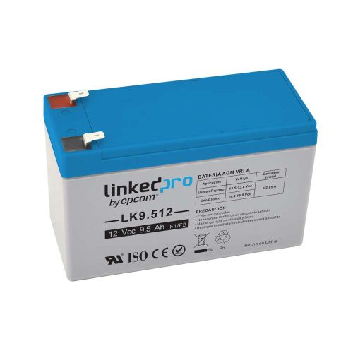 BATERÍA LINKEDPRO BY EPCOM 12 V / 9.5 AH, UL, TECNOLOGÍA AGM, VIDA ÚTIL PROMEDIO 5 AÑOS, PARA USO EN EQUIPO ELECTRÓNICO, ALARMAS DE INTRUSIÓN, INCENDIO, CONTROL DE ACCESO, VIDEO VIGILANCIA, TERMINALES F1 (INCLUYE ADAPTADOR F2), LK9.512