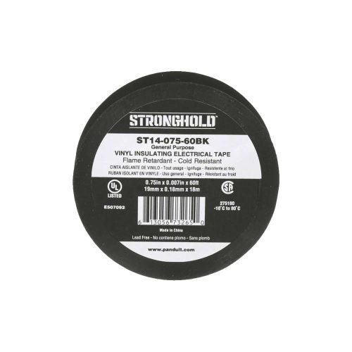 CINTA ELÉCTRICA PANDUIT STRONGHOLD PARA AISLAR, DE PVC, USO GENERAL REPARACIÓN Y MANTENIMIENTO, GROSOR DE 0.18MM (7 MIL), ANCHO DE 19MM, Y 18M DE LARGO, COLOR NEGRO, ST14-075-60BK