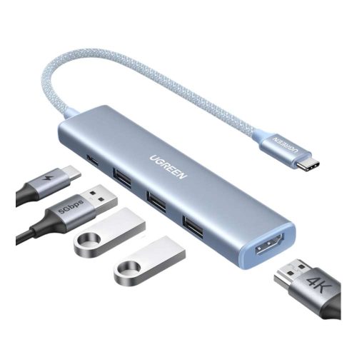 DOCKING STATION UGREEN 5 EN 1, HDMI 2.0 4K@30HZ, 3 USB-A 3.0 (5GBPS), USB-C PD CARGA 100W, CHIP DE ÚLTIMA GENERACIÓN, CABLE DE NYLON TRENZADO DE 25 CM, CARCASA DE ALUMINIO, COLOR AZUL, 35581