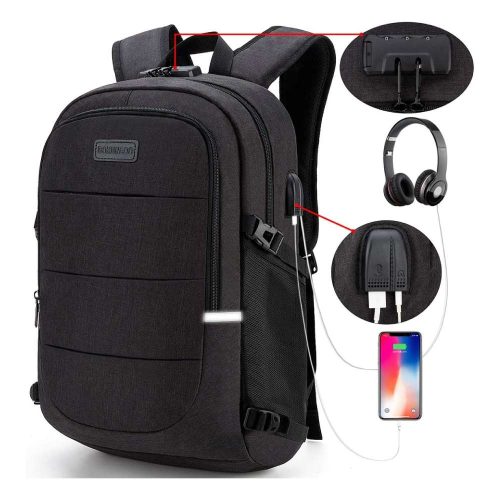MOCHILA ANTIRROBO IMPERMEABLE, MOCHILA PARA PORTÁTIL, CON BLOQUEO Y CON USB PUERTO Y PUERTO AUDÍFONOS PARA LAPTOP HASTA 15.6 PULGADAS (NEGRO)