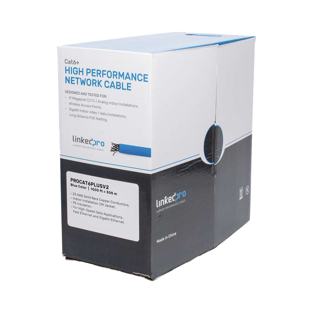 BOBINA DE CABLE LINKEDPRO BY EPCOM DE 305 METROS CAT6+, CM, CALIBRE 23 ALTO RENDIMIENTO, ETL,UL, COLOR AZUL, SUPER FLEXIBLE, PARA APLICACIONES DE VIDEO VIGILANCIA, VIDEO HD, Y REDES DE DATOS. USO INTERIOR, PRO-CAT-6-PLUS-V2