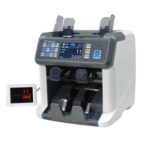 CONTADOR DE BILLETES AUTOMATICO GUTSTARK, 1200 PIEZAS X MINUTO, PANTALLA TRASERA Y FRONTAL, MULTIDIVISAS, DOBLE BANDEJA VELOCIDAD DE CONTEO AJUSTABLE,