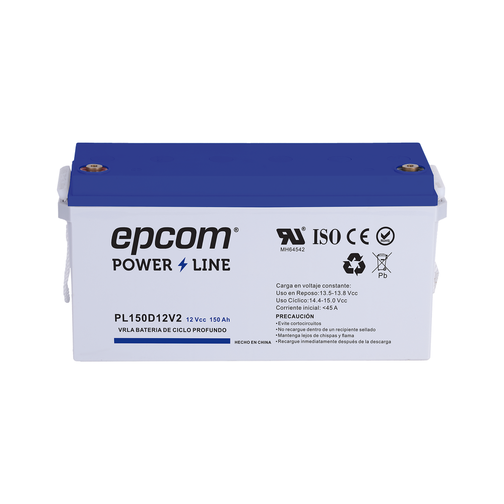 BATERÍA EPCOM 12 VCC, 150 AH, UL, TECNOLOGÍA AGM-VRLA, CICLO PROFUNDO, USO EN APLICACIÓN FOTOVOLTAICA, TERMINALES T5, PL150D12V2