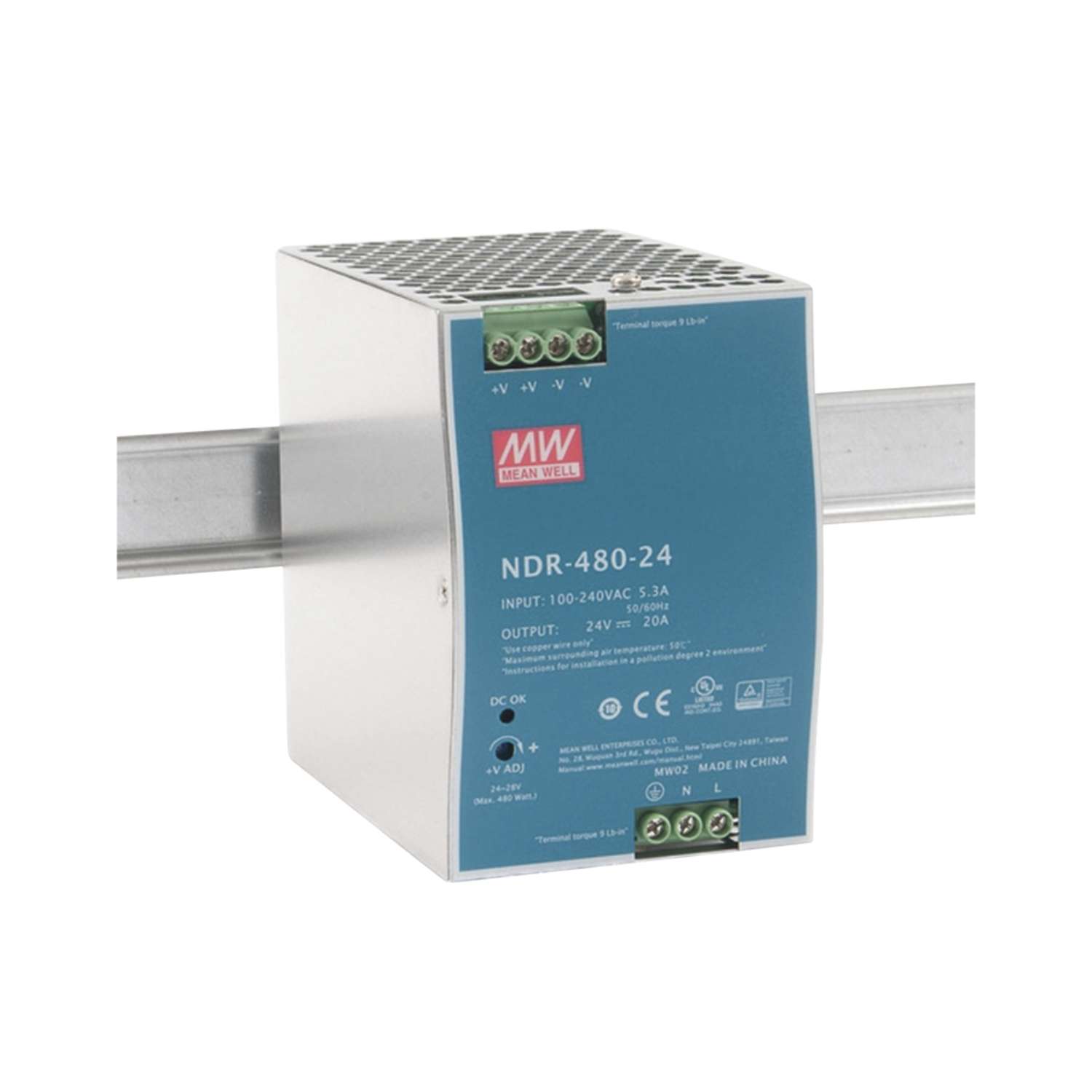 FUENTE DE PODER INDUSTRIAL MEANWELL DE 480W, SALIDA 24 VCC, PARA MONTAJE EN RIEL DIN, NDR48024