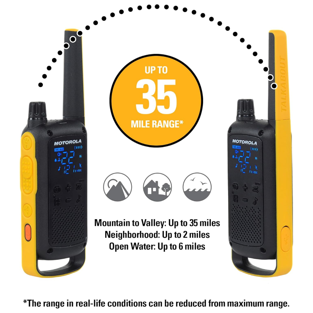 MOTOROLA SOLUTIONS, PORTABLE FRS, T470, TALKABOUT, RADIOS BIDIRECCIONALES, PREPARACIÓN PARA EMERGENCIAS, RECARGABLE, 22 CANALES, 35 MILLAS, NEGRO CON AMARILLO, PAQUETE DE 2