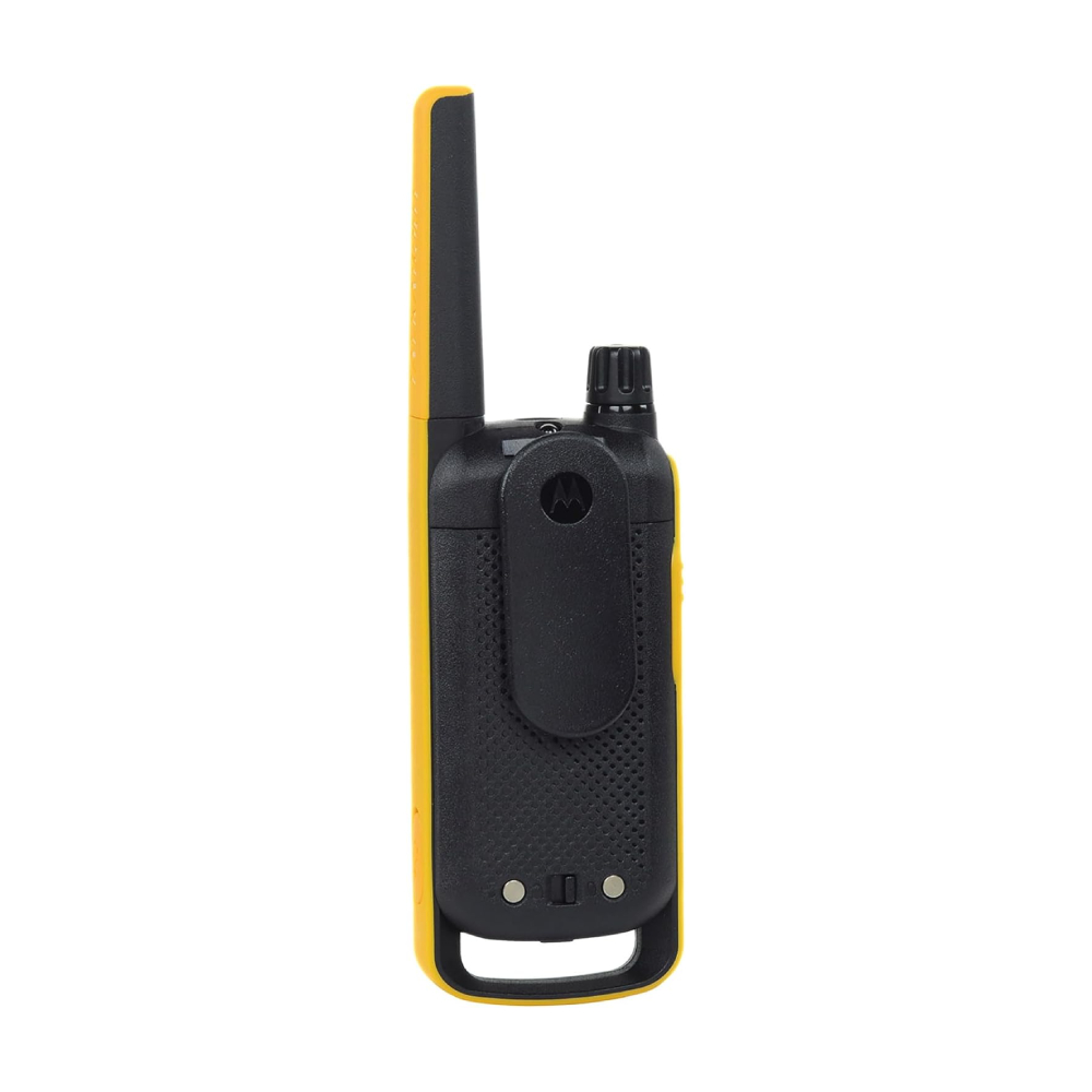 MOTOROLA SOLUTIONS, PORTABLE FRS, T470, TALKABOUT, RADIOS BIDIRECCIONALES, PREPARACIÓN PARA EMERGENCIAS, RECARGABLE, 22 CANALES, 35 MILLAS, NEGRO CON AMARILLO, PAQUETE DE 2