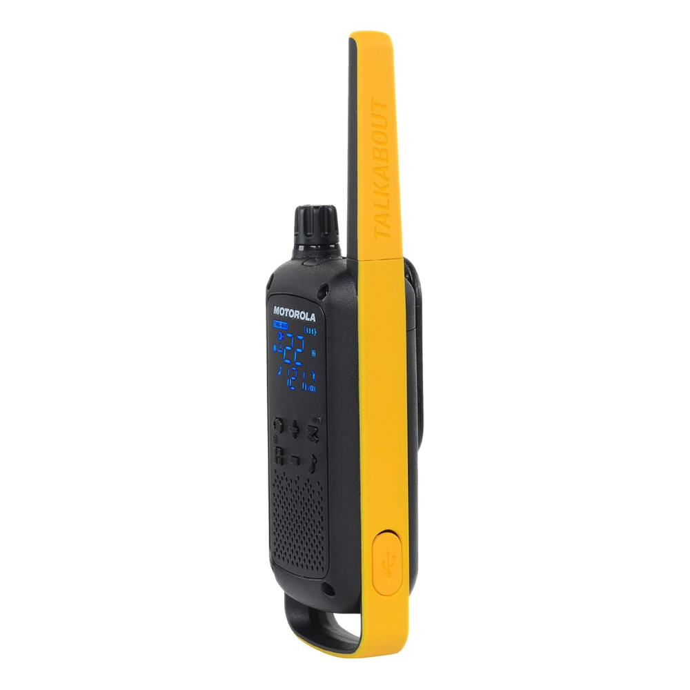 MOTOROLA SOLUTIONS, PORTABLE FRS, T470, TALKABOUT, RADIOS BIDIRECCIONALES, PREPARACIÓN PARA EMERGENCIAS, RECARGABLE, 22 CANALES, 35 MILLAS, NEGRO CON AMARILLO, PAQUETE DE 2