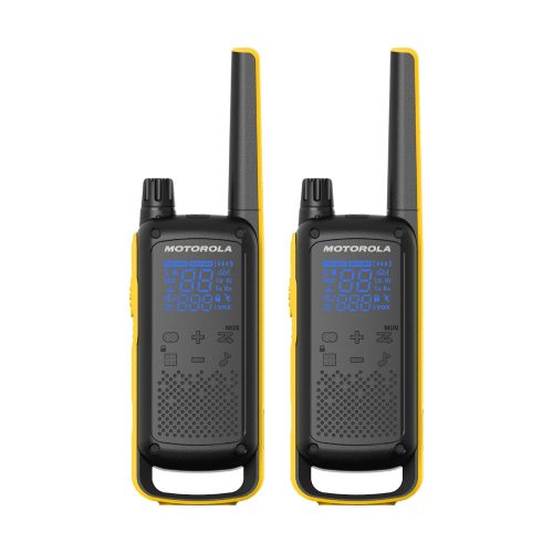 MOTOROLA SOLUTIONS, PORTABLE FRS, T470, TALKABOUT, RADIOS BIDIRECCIONALES, PREPARACIÓN PARA EMERGENCIAS, RECARGABLE, 22 CANALES, 35 MILLAS, NEGRO CON AMARILLO, PAQUETE DE 2