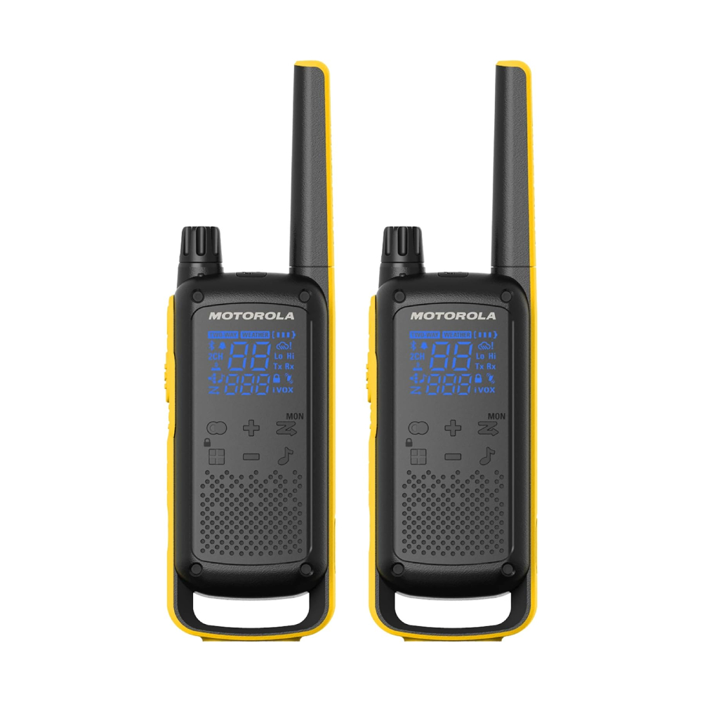 MOTOROLA SOLUTIONS, PORTABLE FRS, T470, TALKABOUT, RADIOS BIDIRECCIONALES, PREPARACIÓN PARA EMERGENCIAS, RECARGABLE, 22 CANALES, 35 MILLAS, NEGRO CON AMARILLO, PAQUETE DE 2