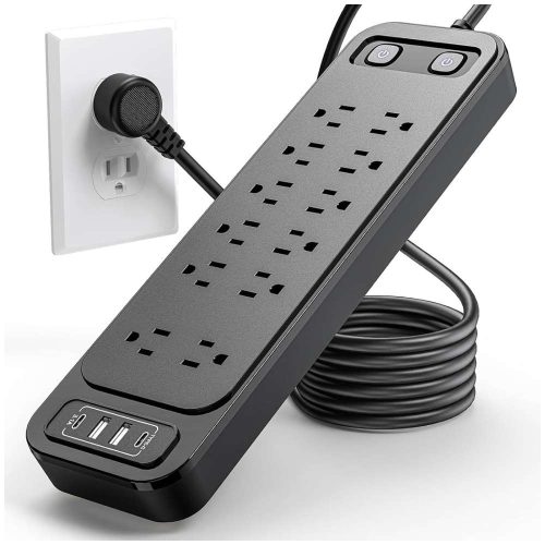 MULTICONTACTO KIROGILY, MULTICONTACTO 16 EN 1, CON EXTENSION ELECTRICA DE 1,8 M, PROTECTOR SUPRESOR DE PICOS VOLTAJE, 12 SALIDAS Y 4 USB (2 USB-C), SLEEK SOCKET, PERFECTO PARA HOGAR Y OFICINA (NEGRO)