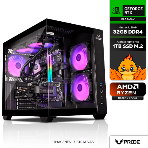 Computadora PRIDE GAMING FACTOR BLACK V2/ AMD Ryzen 7 5700X, RTX 5060 8GB/ 32GB RAM, 1TB M.2, Enfriamiento Líquido 240mm, 650W 80+ BRONZE, INCLUYE WIFI Y BT