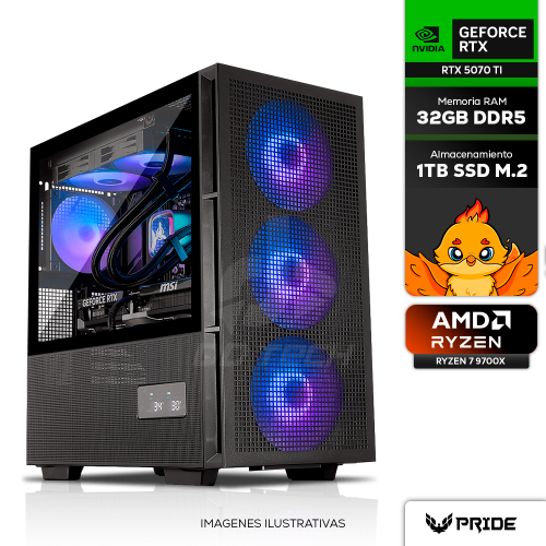Computadora PRIDE GAMING MONKEY, NVIDIA GeForce RTX 5070 TI, AMD Ryzen 7 9700x, 32GB RAM DDR5, SSD M.2 1TB, 850W 80+ GOLD, Incluye WIFI y BT