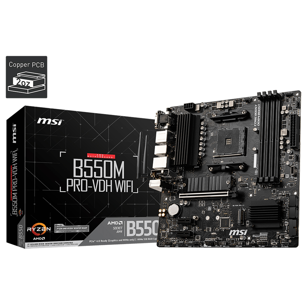 Tarjeta Madre MSI B550M PRO-VDH WIFI, AM4, AMD RYZEN 3000 SERIES, Micro-ATX/ NAVIDAD