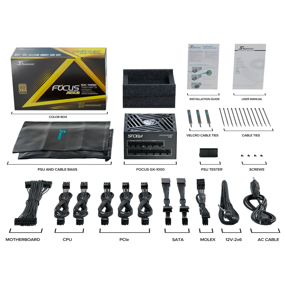 Fuente de Poder Seasonic Focus GX-10000 (ATX3), 1000W 80+ Gold, Completamente modular, Bajo ruido, Condensador japonés premium, Black, FOCUS GX-1000 BLACK - Image 8