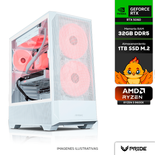 Computadora PRIDE GAMING PANDA, AMD RYZEN 5 9600X, GeForce RTX 5060 8GB, 32GB RAM, 1TB M.2 NVME, 700W 80+ BRONZE, INCLUYE WIFI Y BT