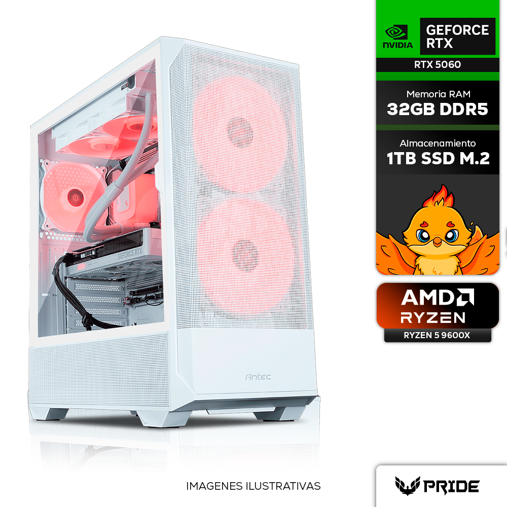 Computadora PRIDE GAMING PANDA, AMD RYZEN 5 9600X, GeForce RTX 5060 8GB, 32GB RAM, 1TB M.2 NVME, 700W 80+ BRONZE, INCLUYE WIFI Y BT