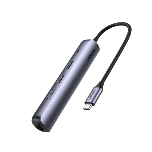 UGREEN 10919 HUB USB-C (Docking Station) 5 en 1 | Ultra Delgado | 2 USB-A 3.1 a (5 Gbps) | HDMI 4K@60Hz | RJ45 (Gigabit Ethernet) | USB-C PD Carga Rápida 100W | Soporta OTG | Chips Inteligentes | Pequeño y Ligero | Caja de Aluminio.