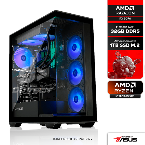 Computadora PRIDE GAMING PBA BEAVER, RADEON RX 9070, AMD RYZEN 5 9600X, 32GB RAM, 1TB SSD M.2 NVMe 2400MB/S, ENF. LIQ. 240MM RGB, 750W 80+ GOLD, INCLUYE WIFI Y BLUETOOTH