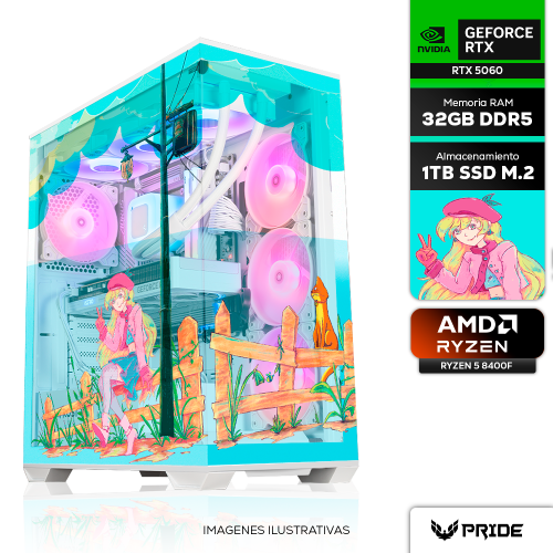 Computadora PRIDE GAMING HANA EDITION, AMD Ryzen 5 8400F, NVIDIA GeForce RTX 5060, 32GB RAM, 1TB M.2, Enfriamiento Líquido 360mm, 750W 80+ GOLD, INCLUYE WIFI