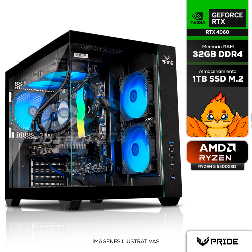 Computadora PRIDE GAMING ONYX, RTX 4060, AMD RYZEN 5 5500X3D, 32GB RAM, SSD M.2 1TB, 650W 80+ BRONZE, INCLUYE WIFI Y BT