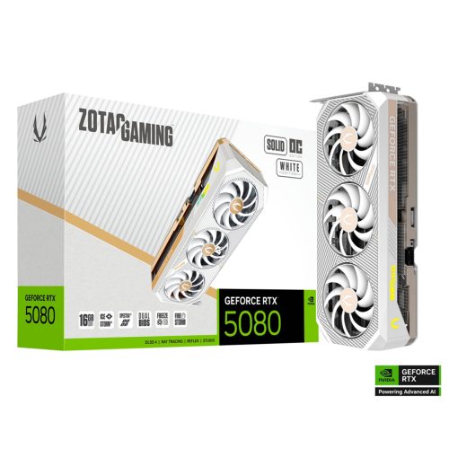Tarjeta de video ZOTAC NVIDIA GeForce RTX 5080, Solid OC, WHITE, 16GB GDDR7, PCI Express 5.0 x16, ZT-B50800Q-10P, RTXS50