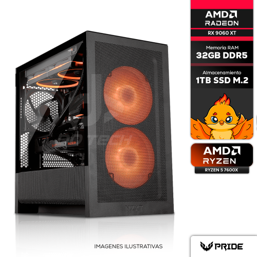 Computadora PRIDE GAMING CHEETAH, AMD RYZEN 5 7600X, RX 9060 XT 16GB, 32GB RAM DDR5, 1TB M.2 NVME, 650W 80+ BRONZE, INCLUYE WIFI Y BT