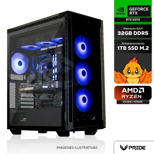 Computadora PRIDE GAMING RABBIT, NVIDIA GeForce RTX 5070, AMD Ryzen 7 9700X, 32GB RAM, 1TB SSD M.2, ENF. LIQ. 360MM RGB, 750W 80+ GOLD