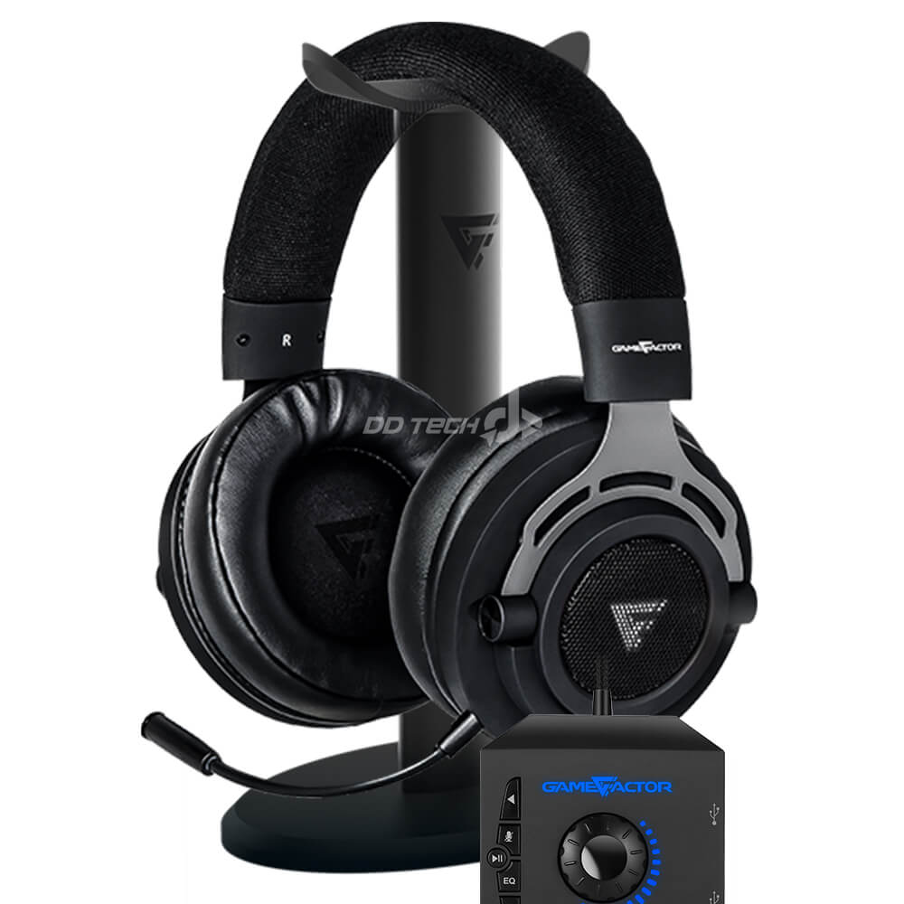Diadema Gamer Game Factor HSG601 Negro con Microfono + Amplificador 7.1 Canales Envolvente, Jack 3.5mm x2 + USB, Super Bass, Stand para Diadema Incluido