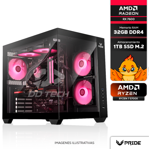 Computadora PRIDE GAMING VIPER V3, RX 7600, AMD RYZEN 7 5700X, 32GB 3200MHZ, SSD M.2 1TB, 650W 80+ BRONZE, INCLUYE WIFI Y BT
