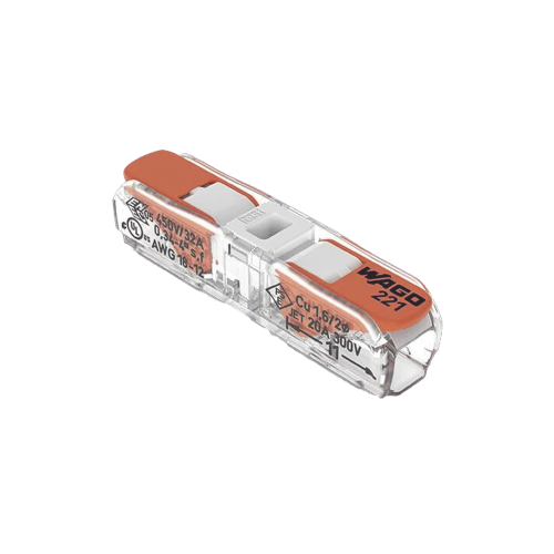 WAGO 221-2401 Conect. p. instal. en línea con palancas; para cualquier tipo de conductor; máx. 4mm²; 2 conductores; Carcasa transparente; Color tapa blanco; Temperatura ambiente máxima 85°C (T85); 4,00 mm²; transparente