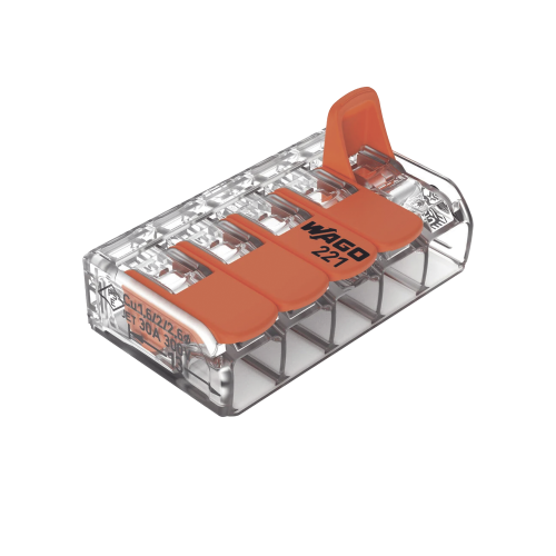 WAGO 221-615 Conector de empalme compacto para todo tipo de conductores transparente para 5 conductores.