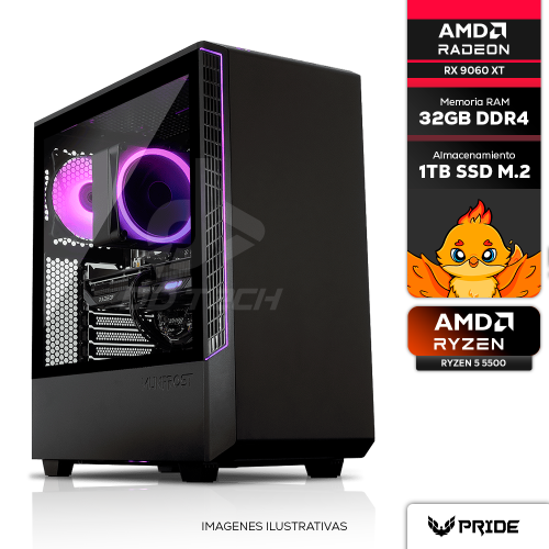 Computadora PRIDE GAMING GOAT V6, AMD Radeon RX 9060 XT, AMD RYZEN 5 5500, 32GB RAM, 1TB M.2, 650W 80+ BRONZE, INCLUYE WIFI Y BT