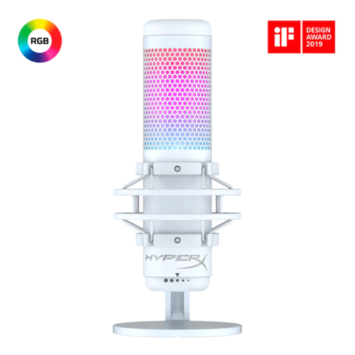 Micrófono de condensador HyperX QuadCast S Blanco, RGB, USB, PC, PS4, Mac, Montaje antivibración, Filtro Pop, Control de Ganancia, 519P0AA