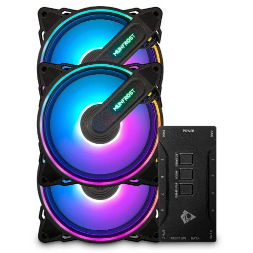 Kit de 3 ventiladores Munfrost HE-LIX, Compatible con Aura Sync etc., ARGB, Controlador incluido, anti-vibraciones, OFFMUNFROST