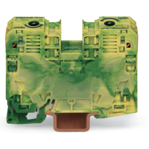 WAGO 285-137 Borna de Tierra, 2 Conductores, 35 mm², POWER CAGE CLAMP, Montaje en Carril DIN 35 x 15, Verde-Amarillo, Poliamida (PA66), Conexión Lateral, Rango de Sección 6-35 mm²
