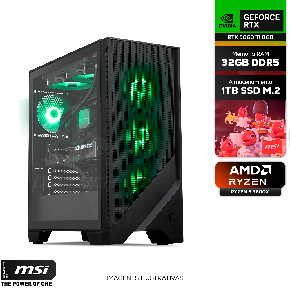 Computadora PRIDE MSI COBRA ELITE, NVIDIA GeForce RTX 5060Ti 8GB, AMD Ryzen 5 9600X, 32GB RAM DDR5, 1TB SSD, 750W 80+ BRONZE, INCLUYE WIFI Y BT