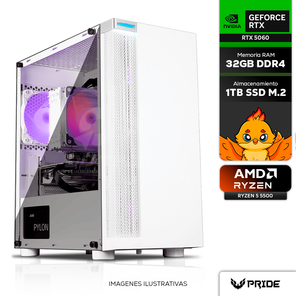 Computadora PRIDE GAMING MOOSE V2, RTX 5060, AMD RYZEN 5 5500, 32GB RAM, 1TB SSD M.2, 650W 80+ BRONCE, Incluye WIFI Y BT