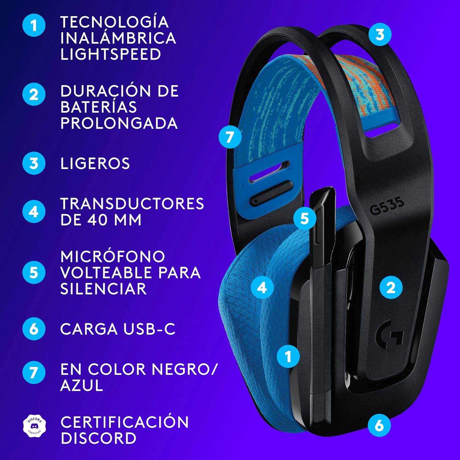Diadema Gamer Logitech G535 Lightspeed Wireless, Microfono, Azul, 939-002218/ NAVIDAD - Image 5