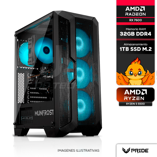 Computadora PRIDE GAMING ANTELOPE, AMD RADEON RX 7600, AMD Ryzen 5 5500, 32GB RAM, 1TB M.2 NVME, 650W 80+ BRONZE